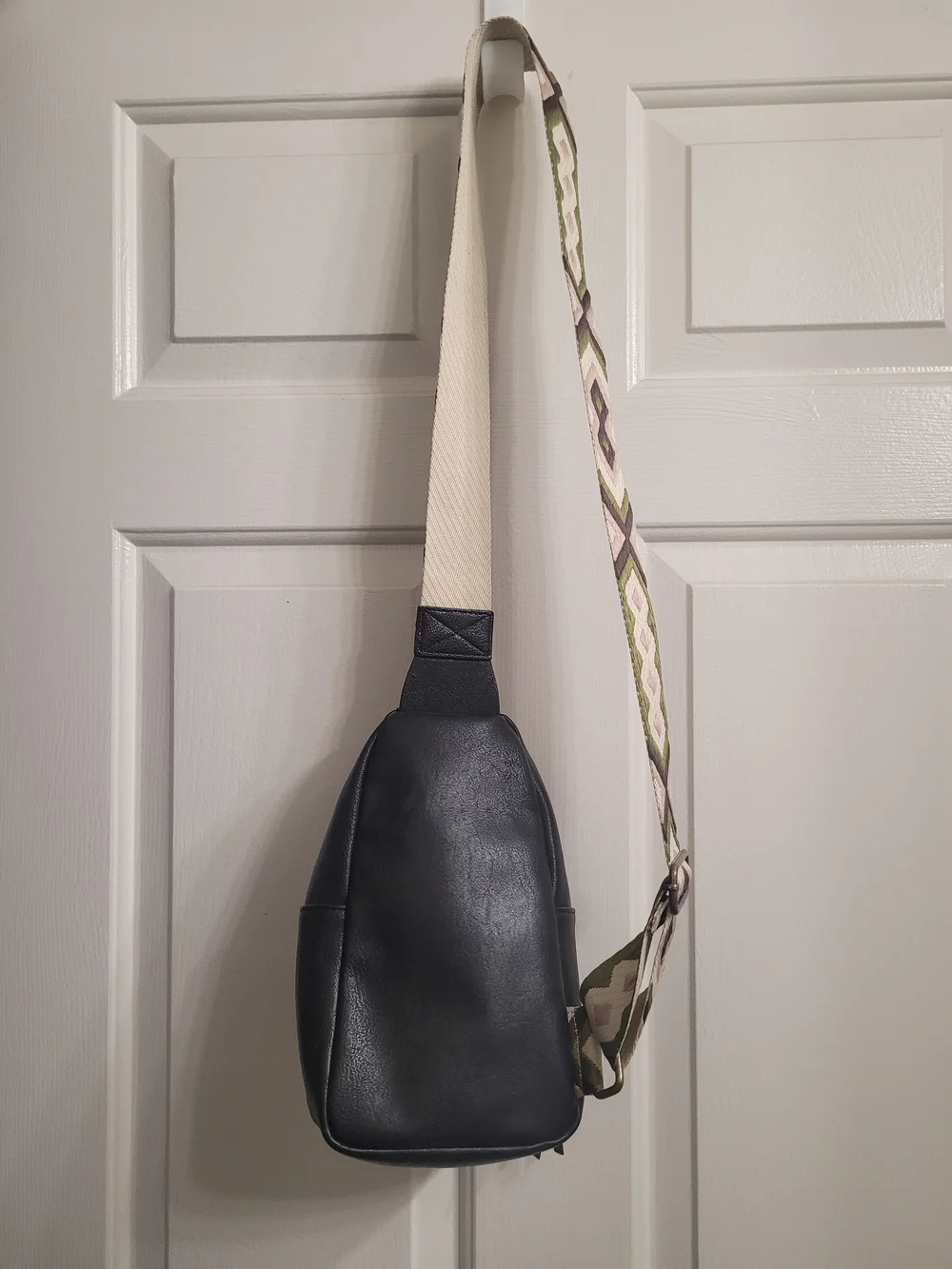 Unisex Black Leather Sling Bag with Patterned Strap By Sonoma